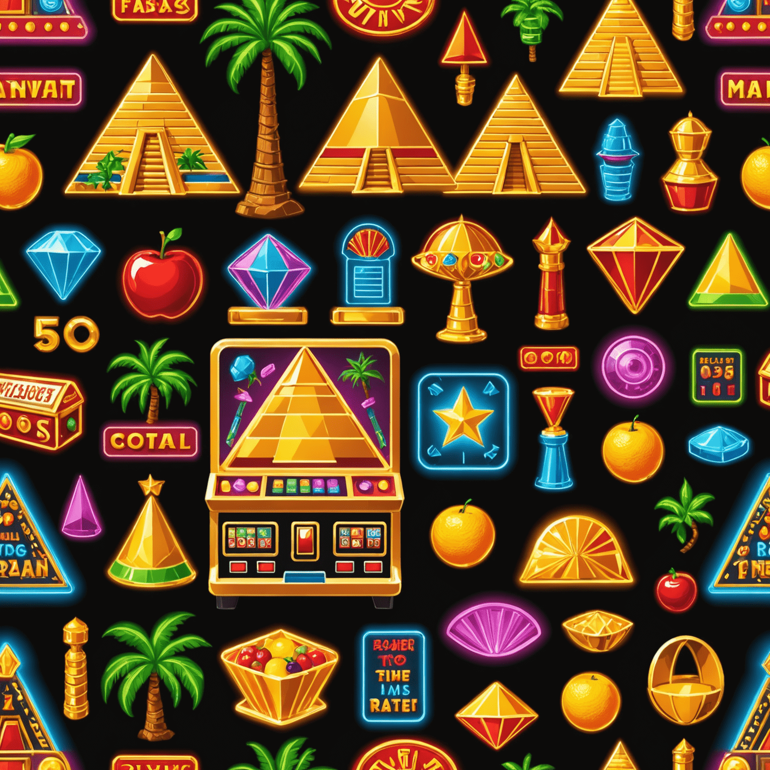 Collage of classic slot machine themes including Egyptian pyramids, fruit symbols, treasure chests, mythological creatures, and neon Las Vegas signs