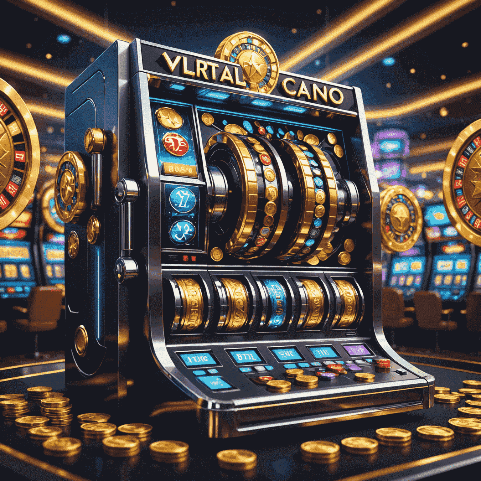 Futuristic illustration of virtual coins floating around stylized slot machine reels, emphasizing the digital nature of social casino games