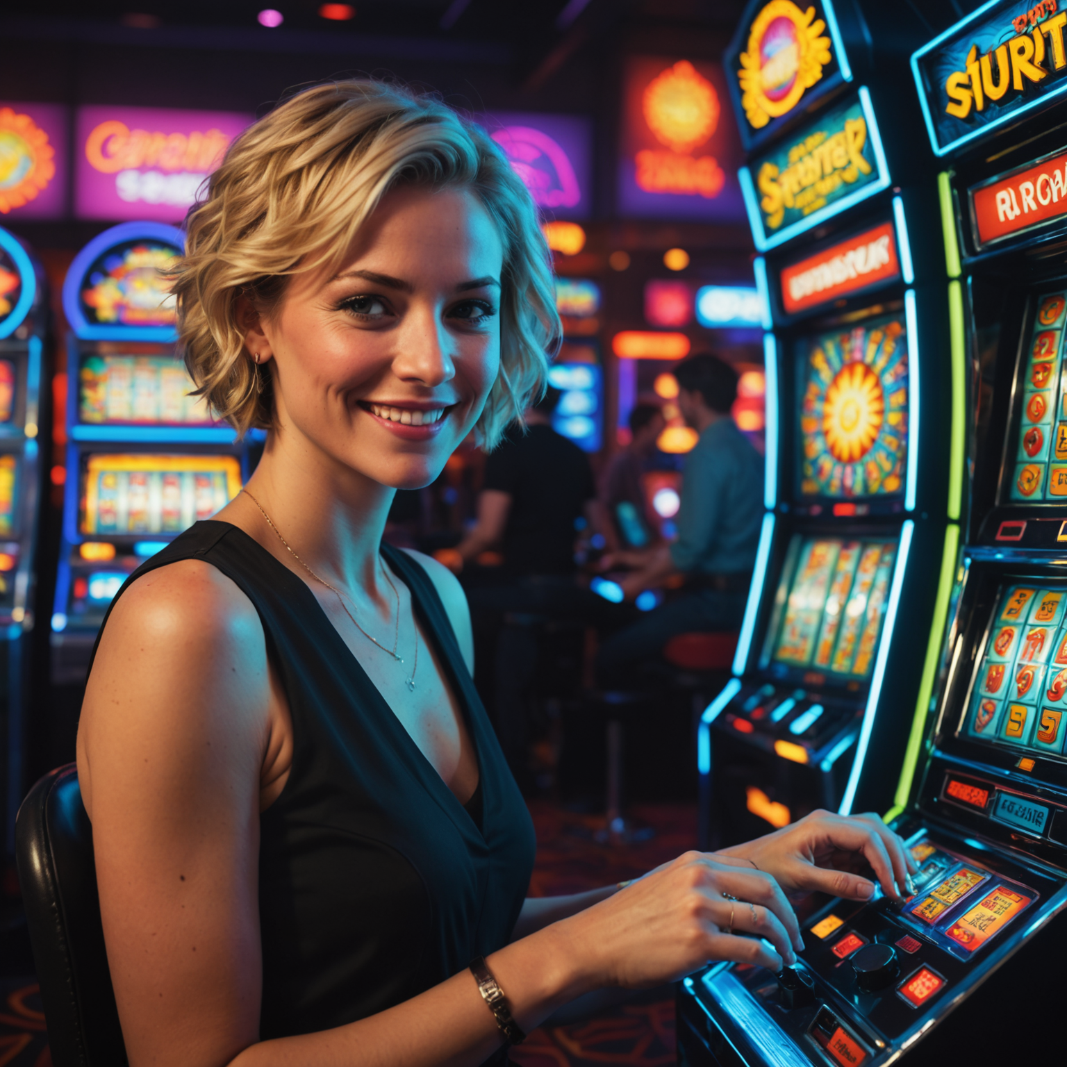 Sarah Johnson, a woman in her 30s with short blonde hair, smiling while playing a futuristic-looking slot machine in a dimly lit room with neon accents