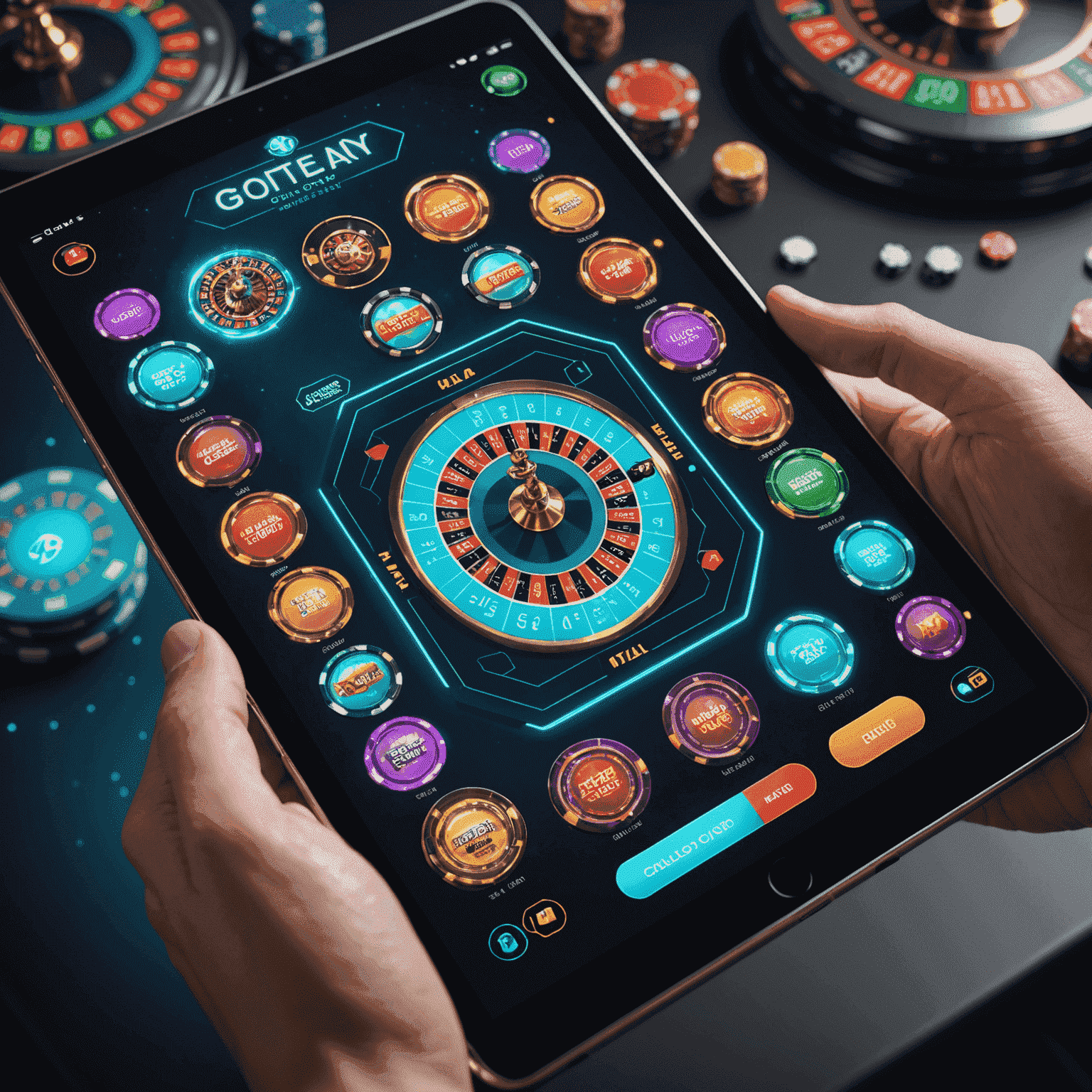 A futuristic interface showcasing various social casino games, with holographic chips and cards floating above a touchscreen device