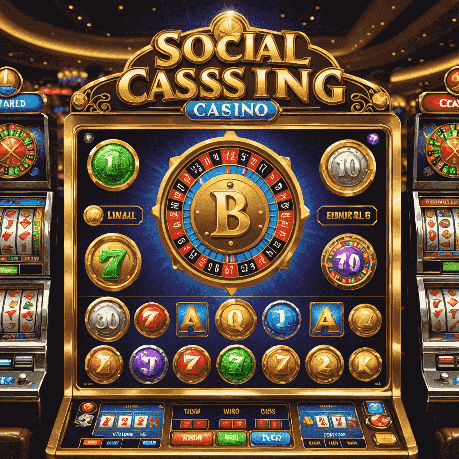 A beginner-friendly interface of a social casino game, showing virtual coins, slot machines, and tutorial pop-ups