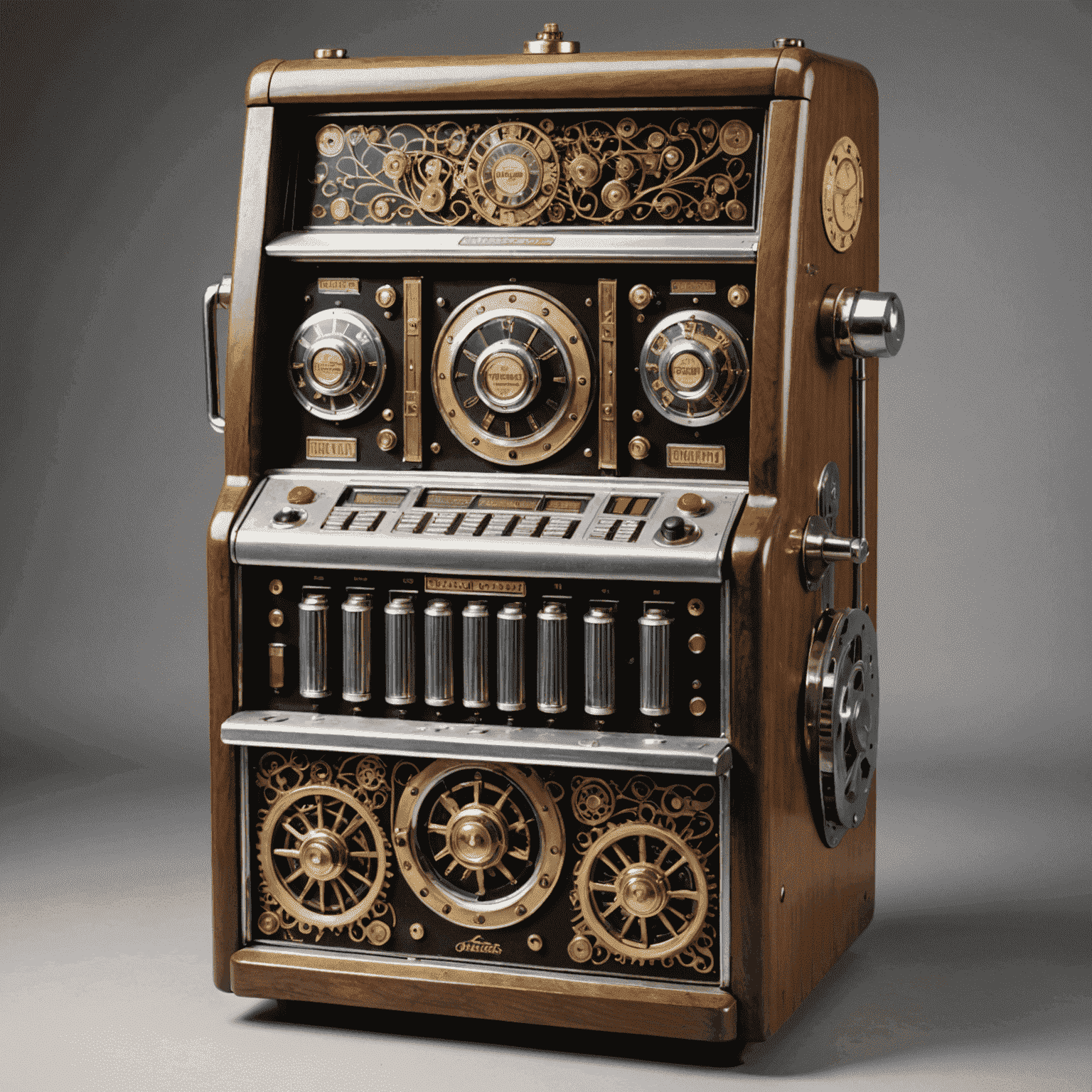An electromechanical slot machine from the 1960s with its cover removed, showing the intricate system of gears, levers, and early electrical components