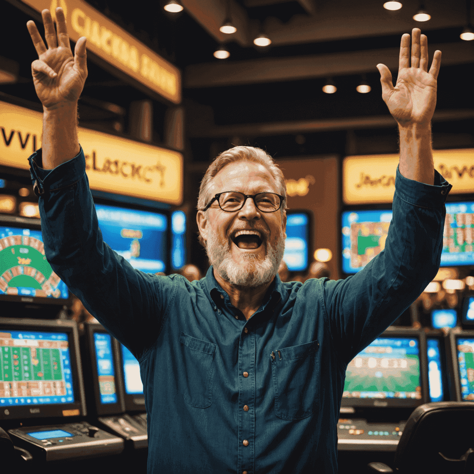 Mike Thompson, a middle-aged man with glasses and a beard, throwing his arms up in celebration in front of a large screen showing a jackpot win