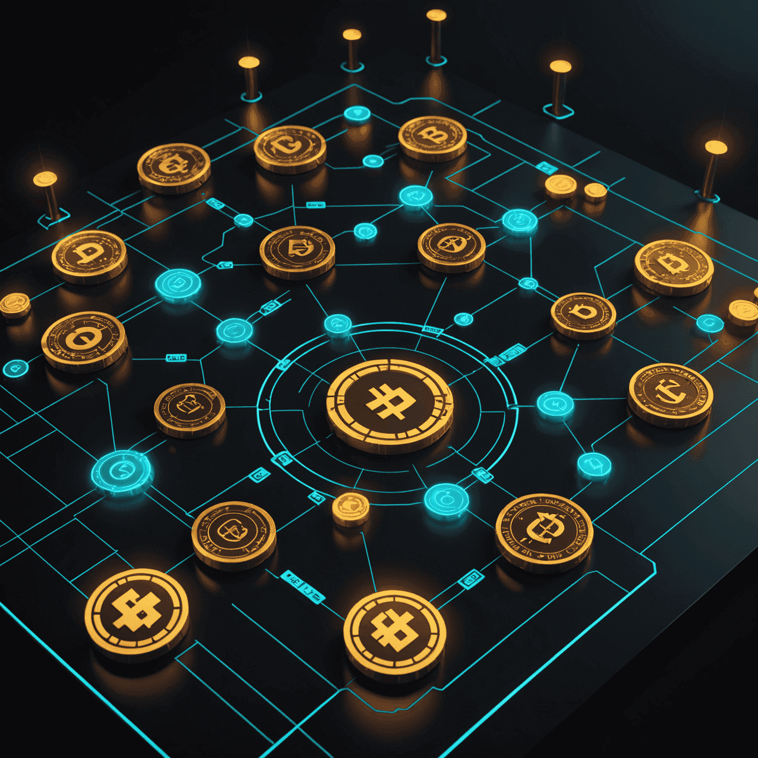 A 3D render of glowing virtual coins with strategy flowcharts and game symbols floating around them in a dark, tech-inspired environment