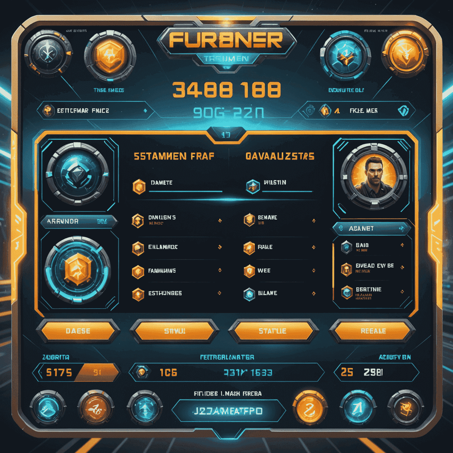 Futuristic tournament interface showing a leaderboard, player avatars, and dynamic slot reels with special event graphics