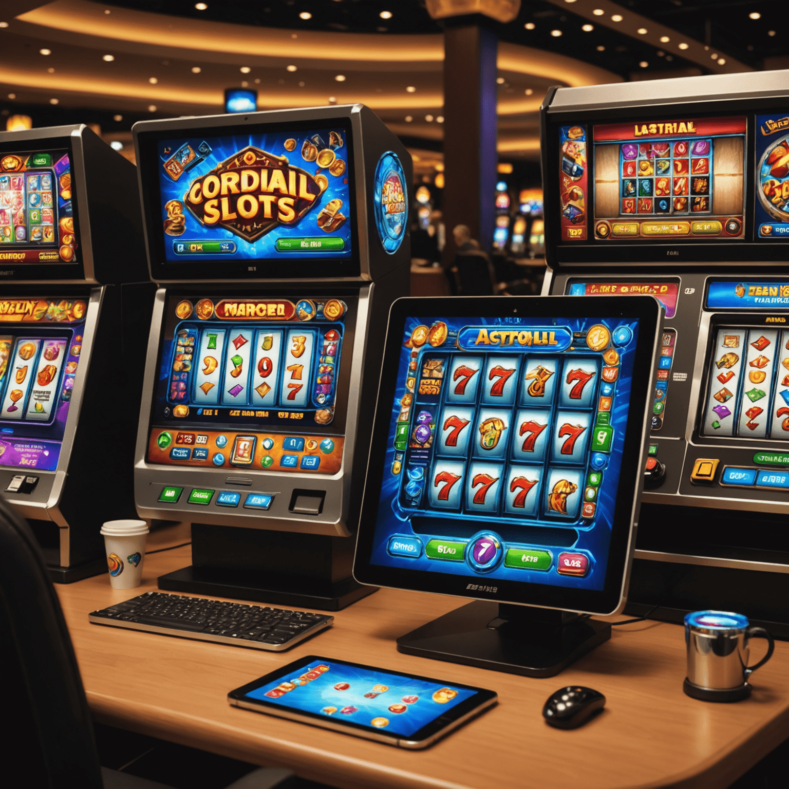 A collection of modern digital slot games displayed on various devices including a desktop computer, tablet, and smartphone, showcasing the accessibility of online slots