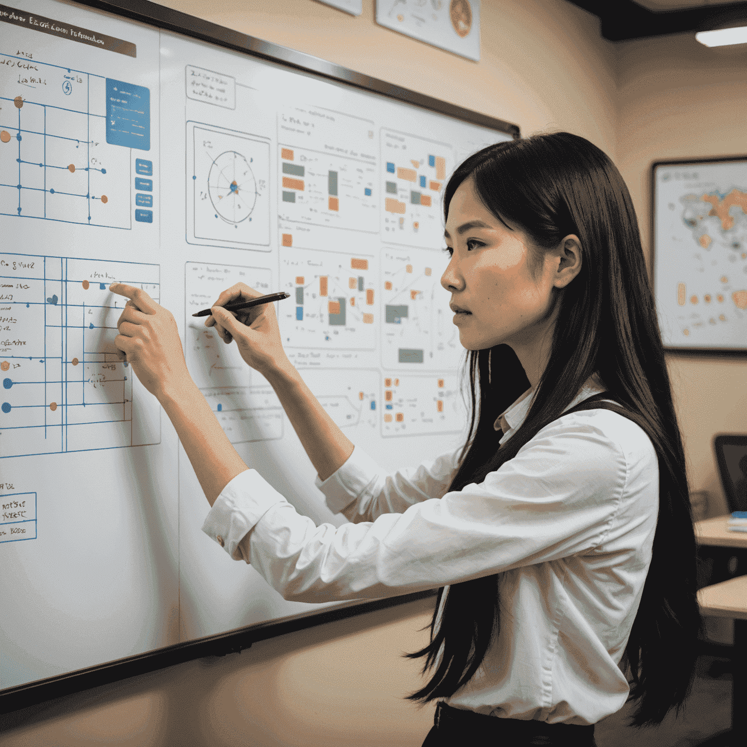 Emma Lee, a young Asian woman with long black hair, pointing at a whiteboard filled with diagrams and strategies for social slot games