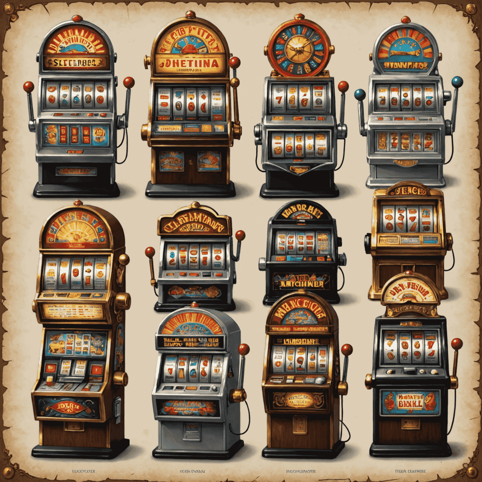 A timeline showing the evolution of slot machines from mechanical to digital, featuring iconic designs from different eras